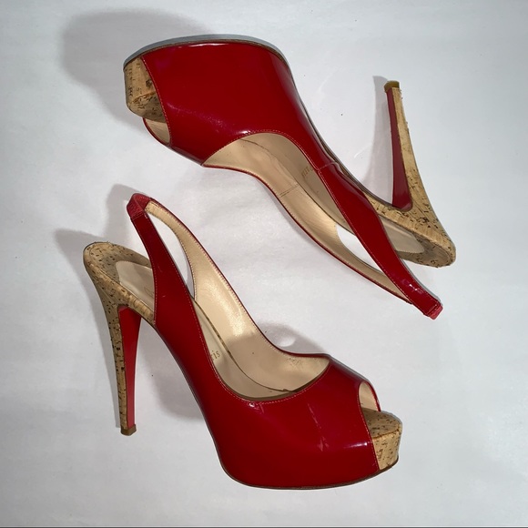 CHRISTIAN LOUBOUTIN size 39 red patent leather peep toe SLINGBACK platform HEELS - Picture 12 of 12